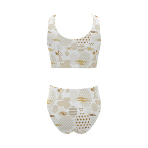 Beautiful gold japanese pattern Chest Bowknot High Waisted Bikini Swimsuit