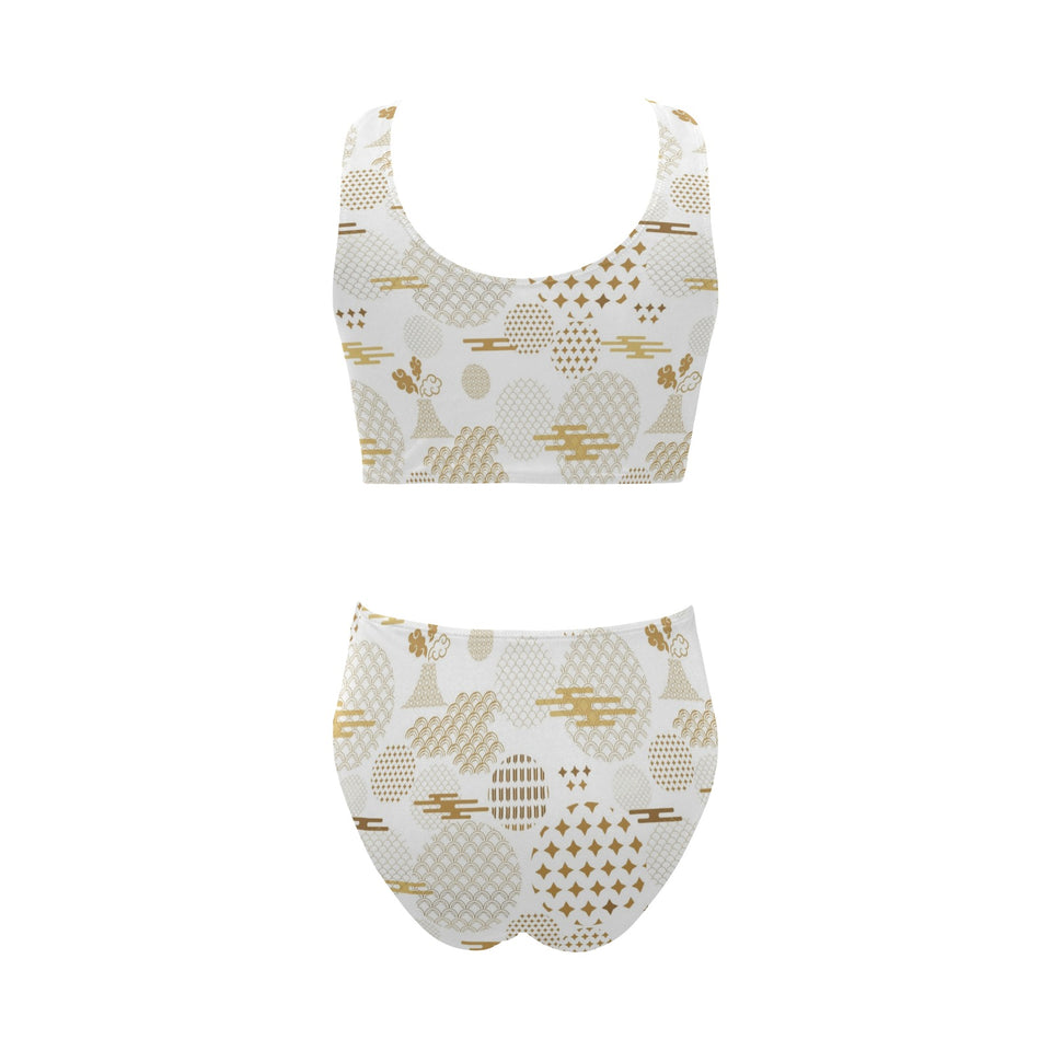 Beautiful gold japanese pattern Chest Bowknot High Waisted Bikini Swimsuit