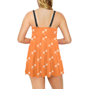 Engine Piston Orange Background Pattern Design 05 Chest Sexy Pleated Two Piece Swim Dress