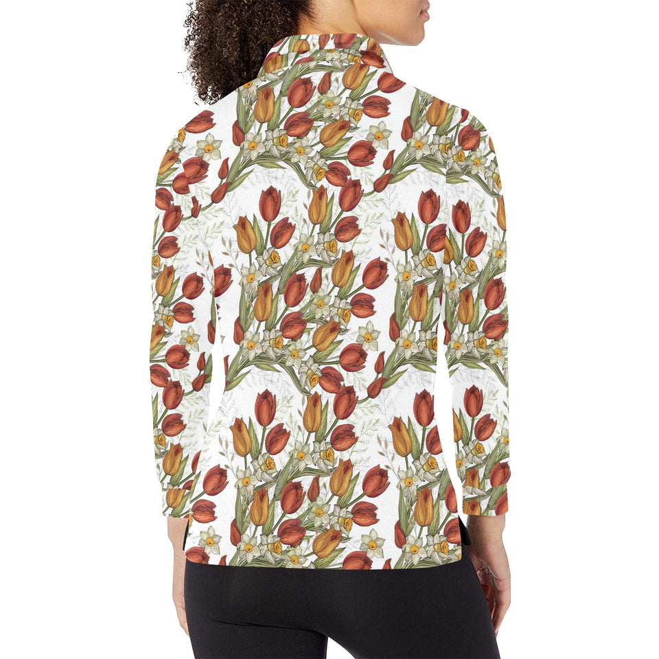 Red tulips and daffodils pattern Women's Long Sleeve Polo Shirt