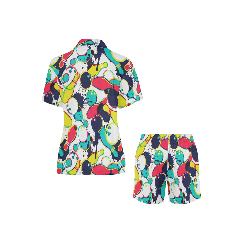 watercolor bowling ball pins Women's V-Neck Short Pajama Set