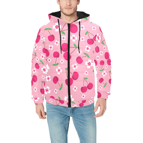 cherry flower pattern pink background Men's Padded Hooded Jacket