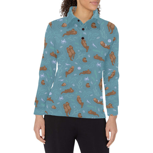 Sea otters pattern Women's Long Sleeve Polo Shirt