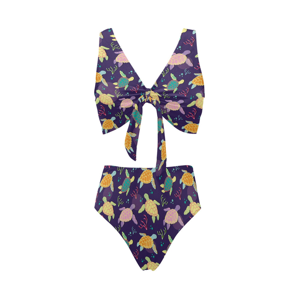 Colorful sea turtle pattern Chest Bowknot High Waisted Bikini Swimsuit