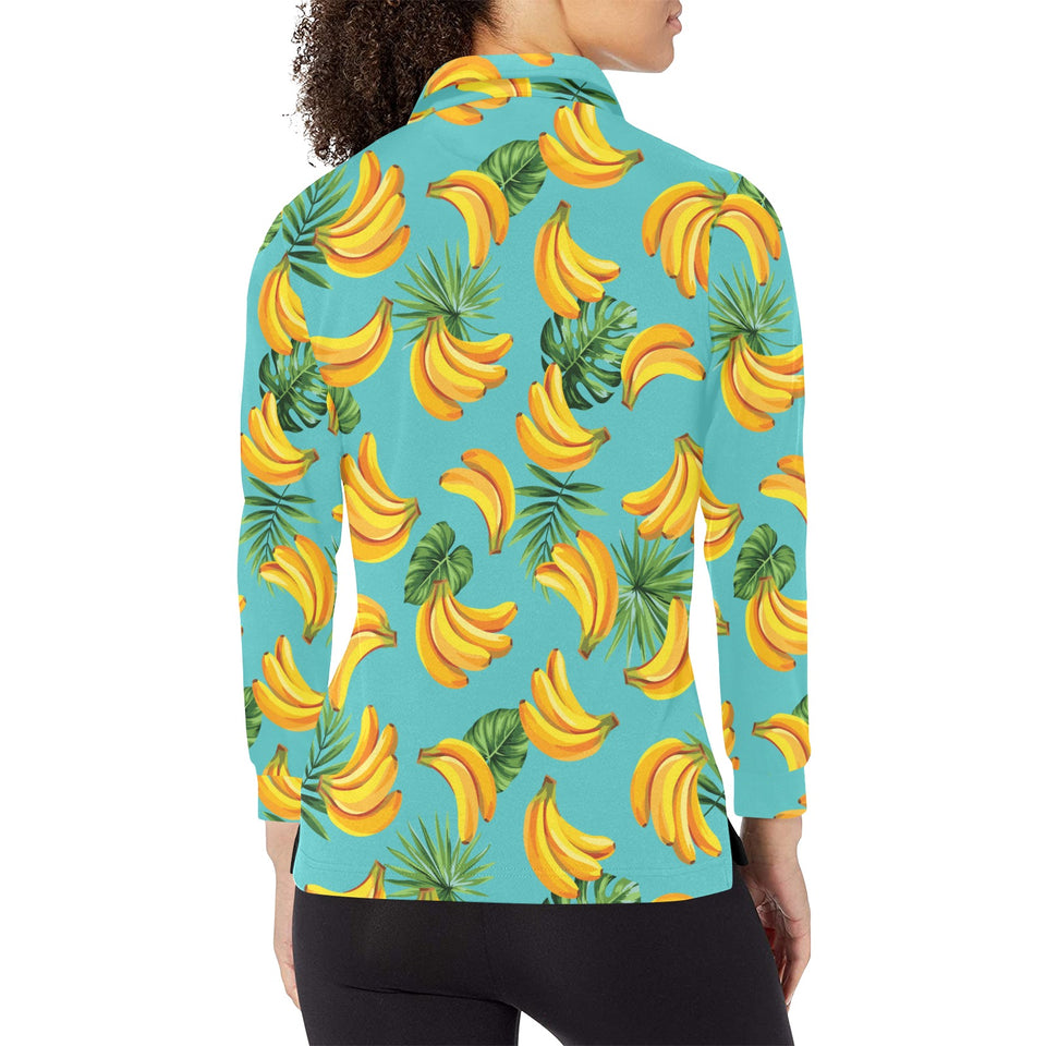 Banana Palm Leaves pattern background Women's Long Sleeve Polo Shirt