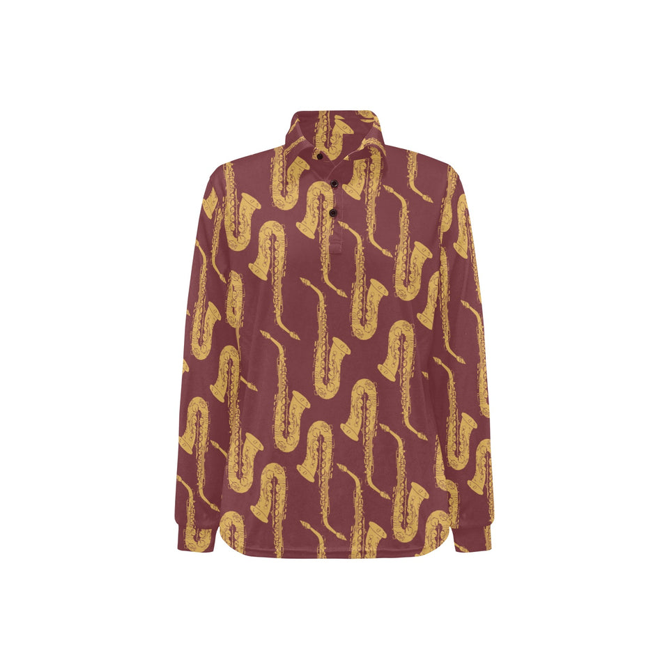 Hand drawn gold saxophone red background Women's Long Sleeve Polo Shirt