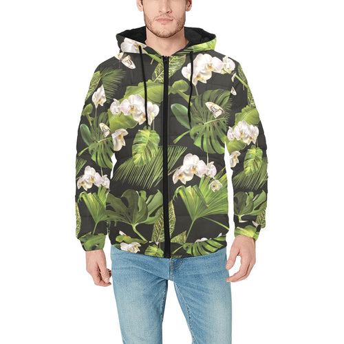White orchid flower tropical leaves pattern blackg Men's Padded Hooded Jacket