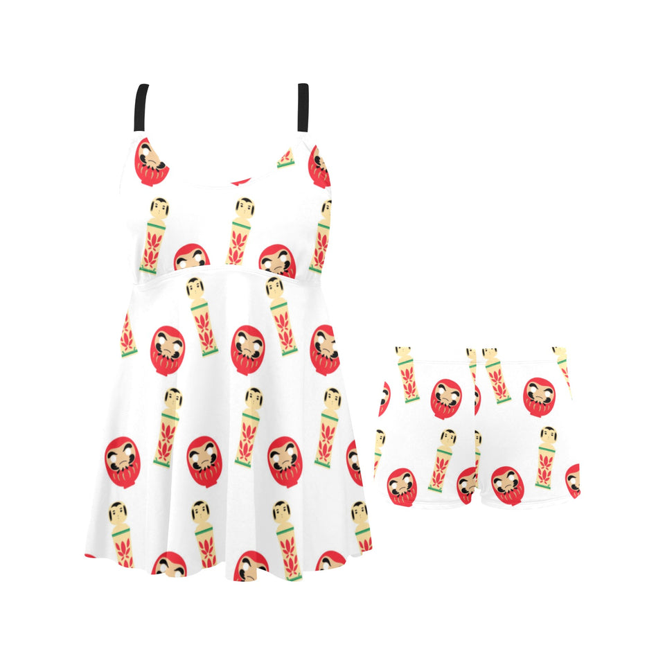 Daruma japanese wooden doll Chest Sexy Pleated Two Piece Swim Dress
