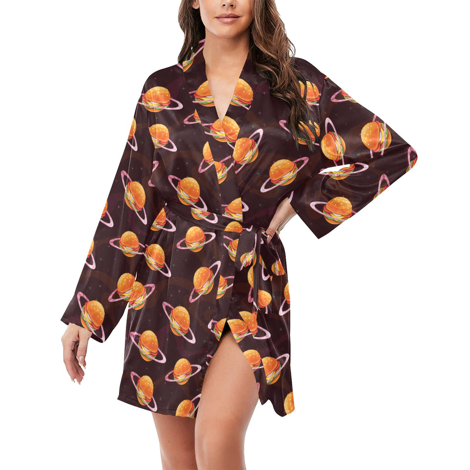 Hamburger Pattern Print Design 05 Women's Long Sleeve Belted Night Robe