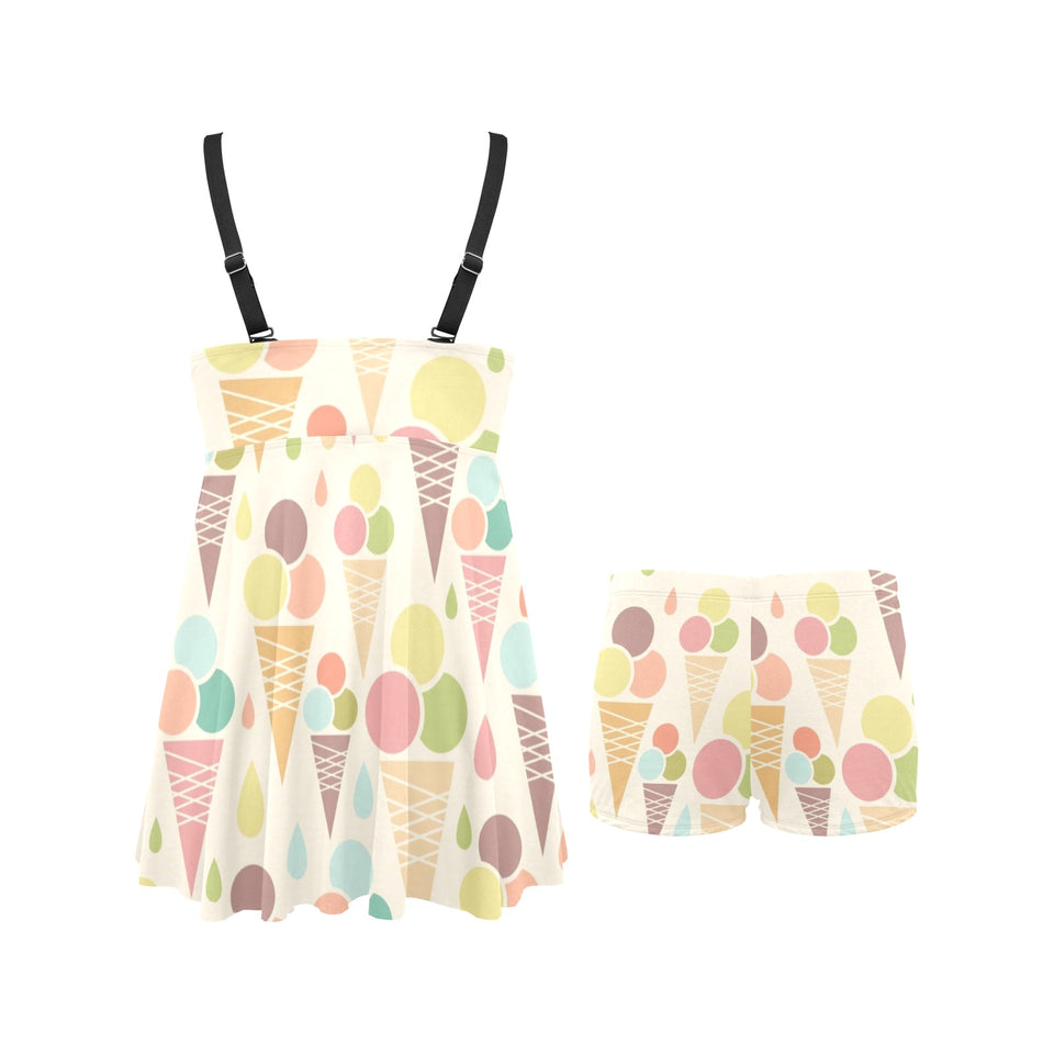 Ice cream cone pattern Chest Sexy Pleated Two Piece Swim Dress