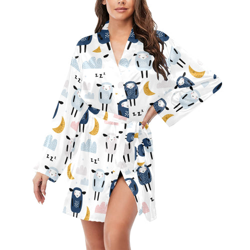 Cute sleeping sheep moon cloud pattern Women's Long Sleeve Belted Night Robe
