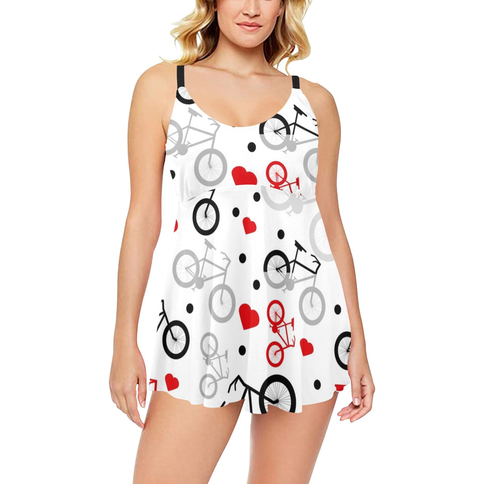 Bicycle Pattern Print Design 04 Chest Sexy Pleated Two Piece Swim Dress