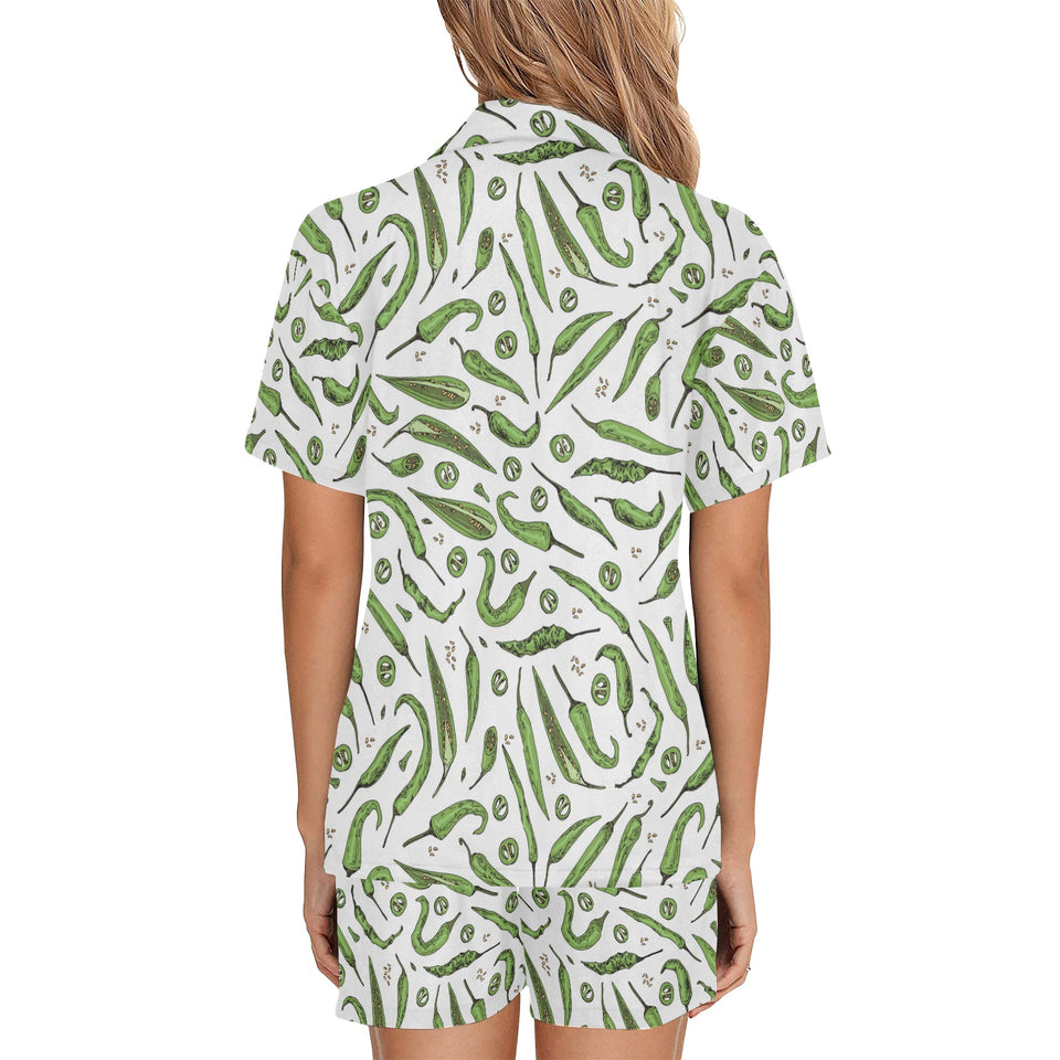 Hand drawn sketch style green Chili peppers patter Women's V-Neck Short Pajama Set