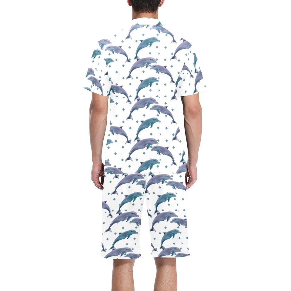 Dolphins pattern dotted background Men's V-Neck Short Pajama Set