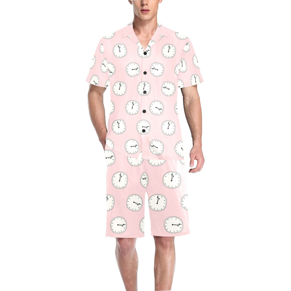 Clock pattern pink blackground Men's V-Neck Short Pajama Set