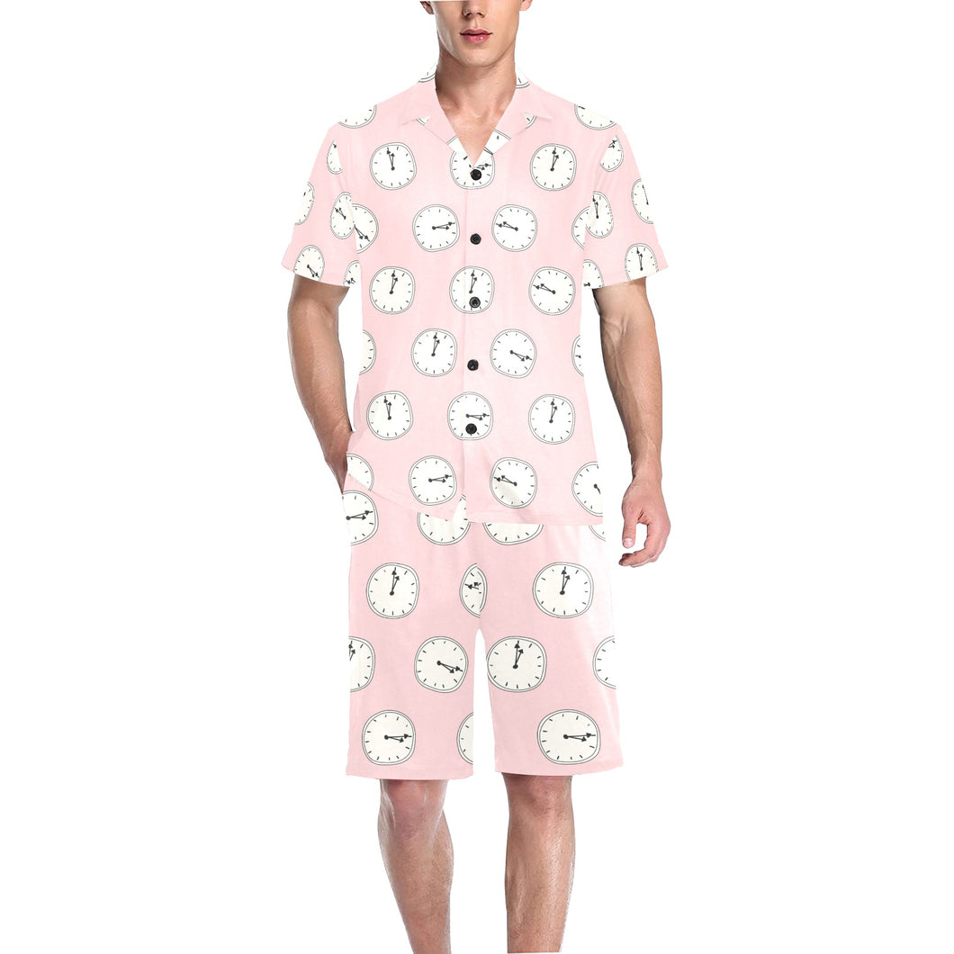 Clock pattern pink blackground Men's V-Neck Short Pajama Set