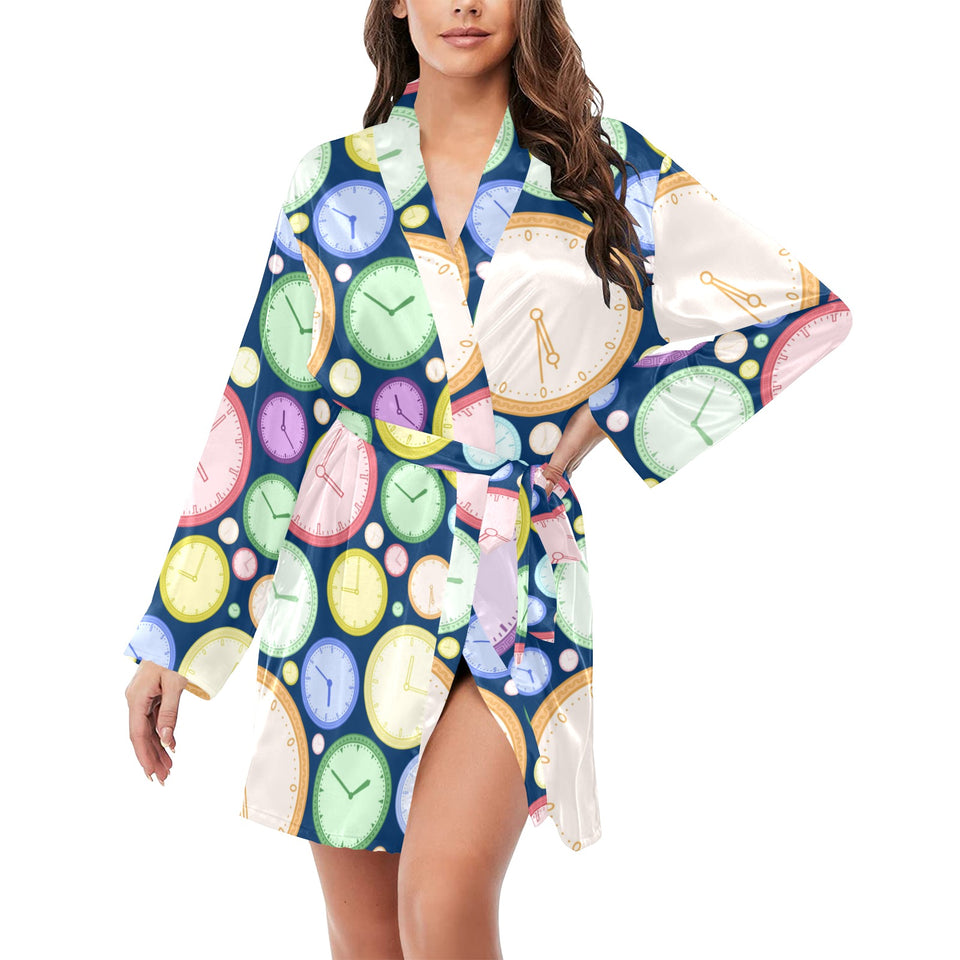 Colorful clock background Women's Long Sleeve Belted Night Robe