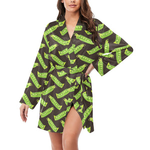 Green Peas Pattern Print Design 05 Women's Long Sleeve Belted Night Robe