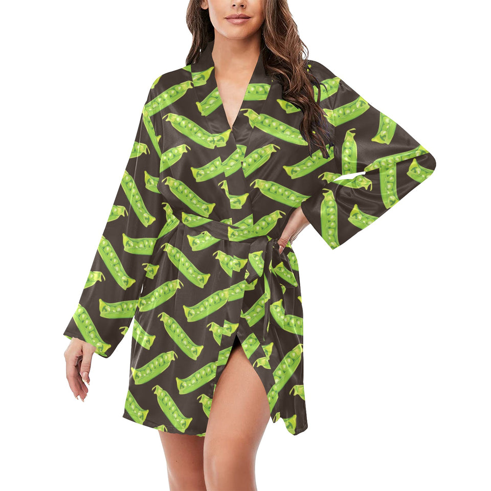 Green Peas Pattern Print Design 05 Women's Long Sleeve Belted Night Robe