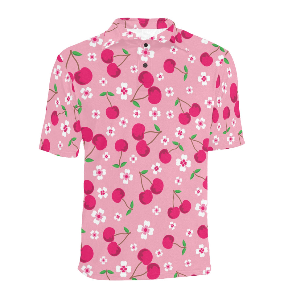 cherry flower pattern pink background Men's All Over Print Polo Shirt
