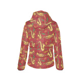 Saxophone cornet pattern red background Women's Padded Hooded Jacket