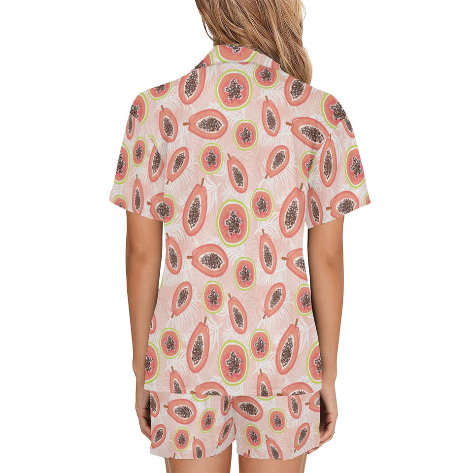 papaya leaves pattern Women's V-Neck Short Pajama Set