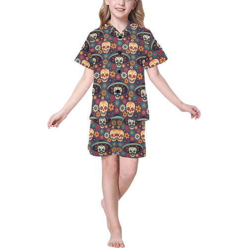 Sugar skulls flower maxican pattern Kids' Boys' Girls' V-Neck Short Pajama Set