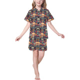 Sugar skulls flower maxican pattern Kids' Boys' Girls' V-Neck Short Pajama Set