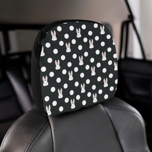 Cute white rabbit polka dots black background Car Headrest Cover