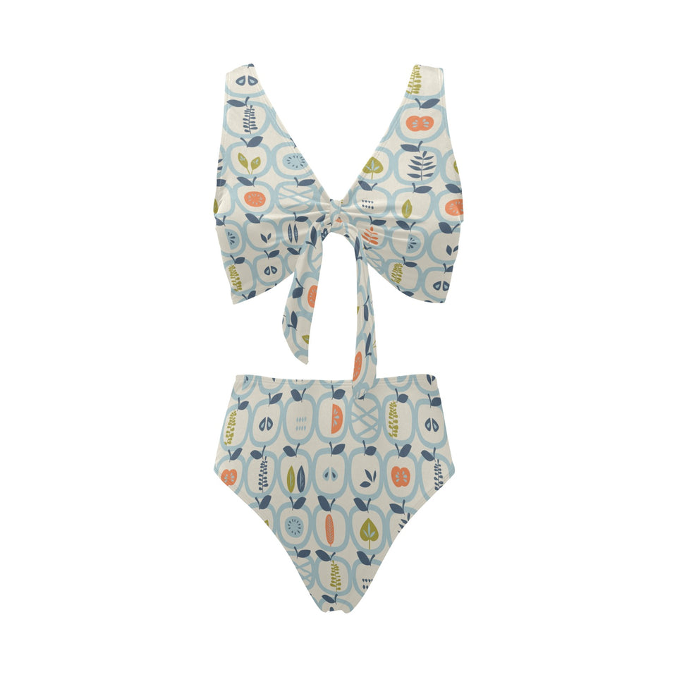 apples leaves pattern Chest Bowknot High Waisted Bikini Swimsuit