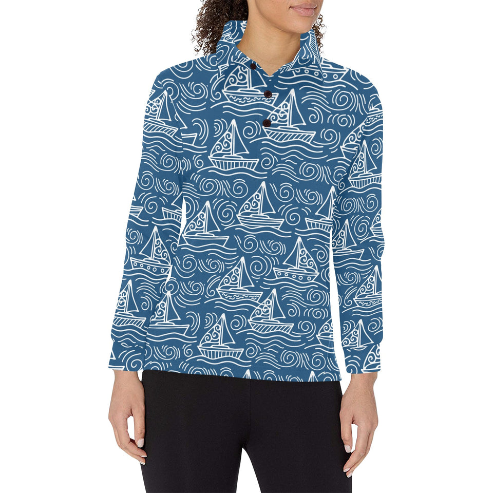 Hand drawn sailboat pattern Women's Long Sleeve Polo Shirt