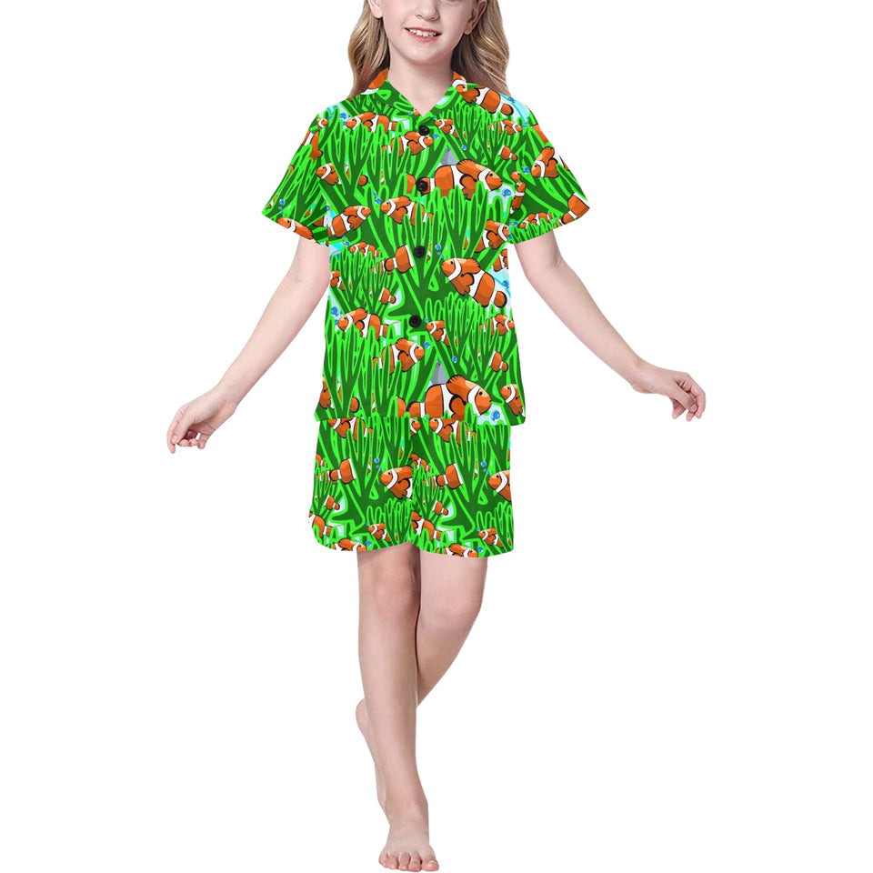 Clown Fish Pattern Print Design 01 Kids' Boys' Girls' V-Neck Short Pajama Set