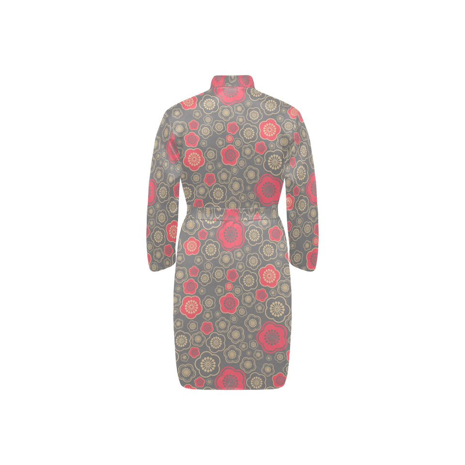 Red gold Sakura cherry blossom gray background Men's Long Sleeve Belted Night Robe