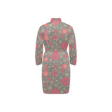 Red gold Sakura cherry blossom gray background Men's Long Sleeve Belted Night Robe