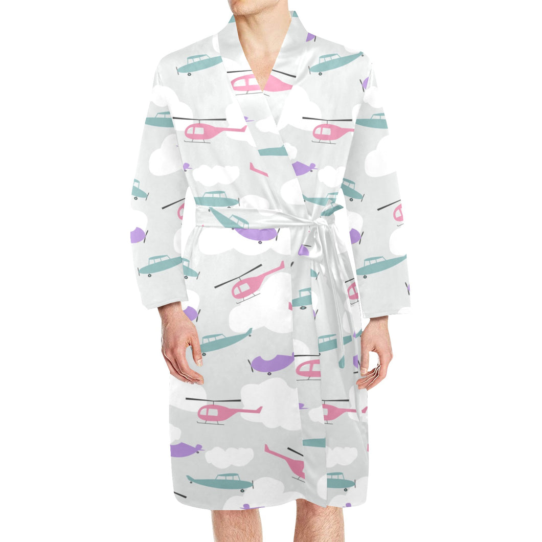 Helicopter plane pattern Men's Long Sleeve Belted Night Robe