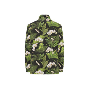 White orchid flower tropical leaves pattern blackg Women's Long Sleeve Polo Shirt