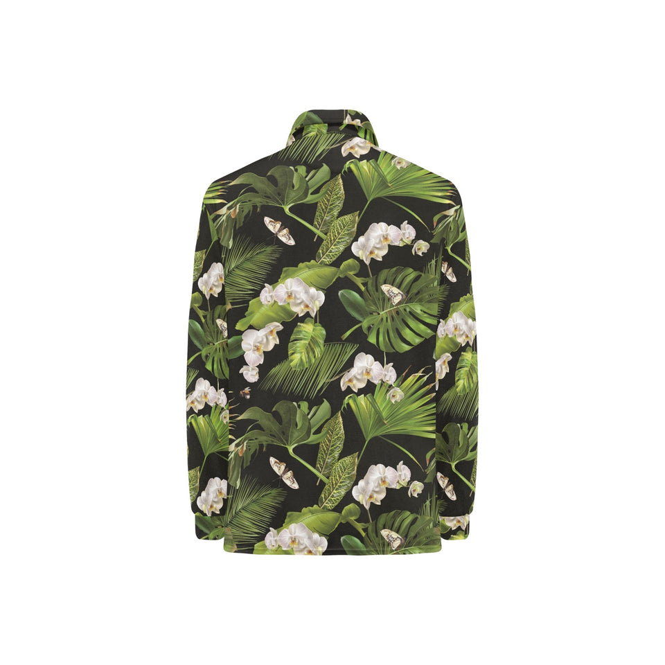 White orchid flower tropical leaves pattern blackg Women's Long Sleeve Polo Shirt