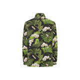 White orchid flower tropical leaves pattern blackg Women's Long Sleeve Polo Shirt