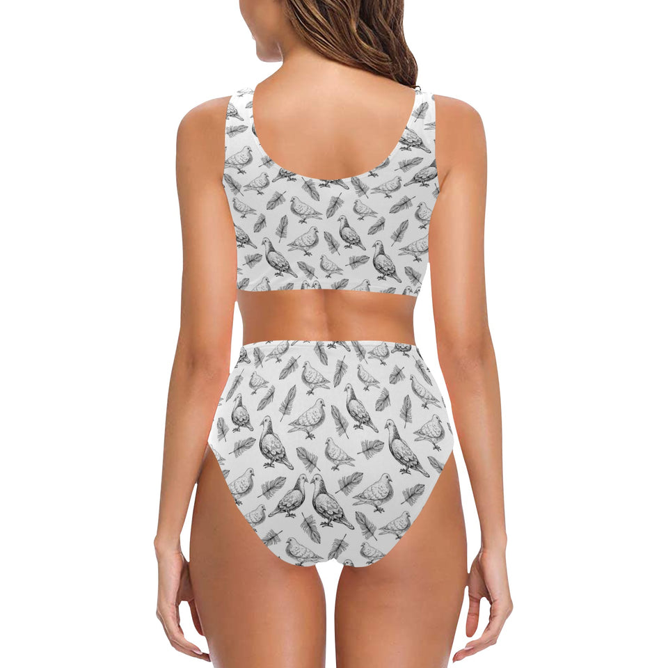 Pigeon Pattern Print Design 05 Chest Bowknot High Waisted Bikini Swimsuit