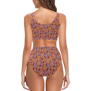 Gear Pattern Print Design 04 Chest Bowknot High Waisted Bikini Swimsuit