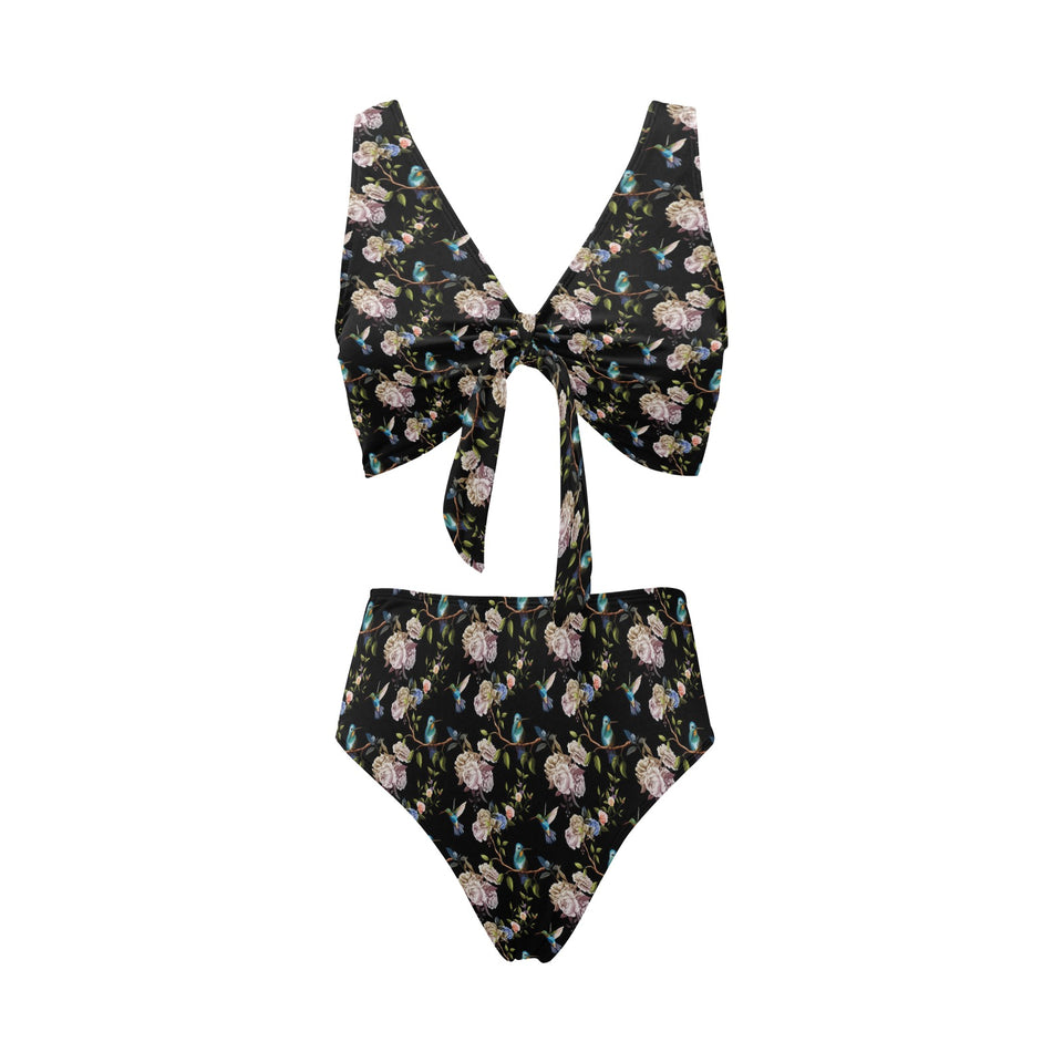 Hummingbird Pattern Print Design 03 Chest Bowknot High Waisted Bikini Swimsuit