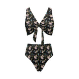 Hummingbird Pattern Print Design 03 Chest Bowknot High Waisted Bikini Swimsuit