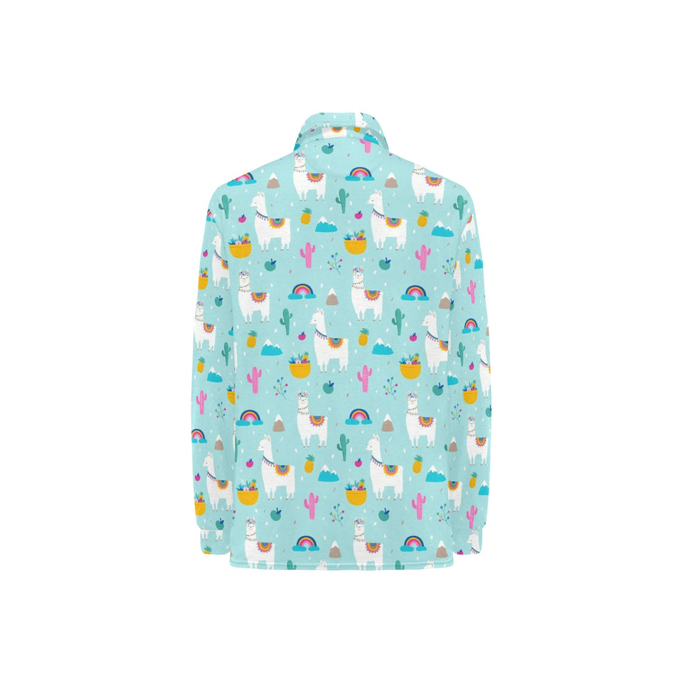 Llama alpaca cactus leaves pattern Women's Long Sleeve Polo Shirt