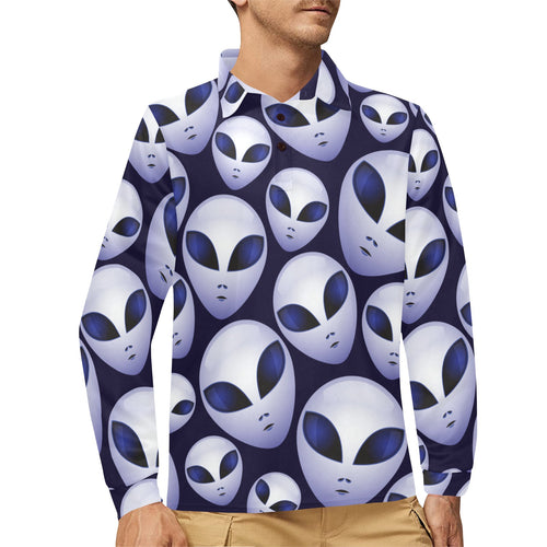 Alien Pattern Print Design 01 Men's Long Sleeve Polo Shirt