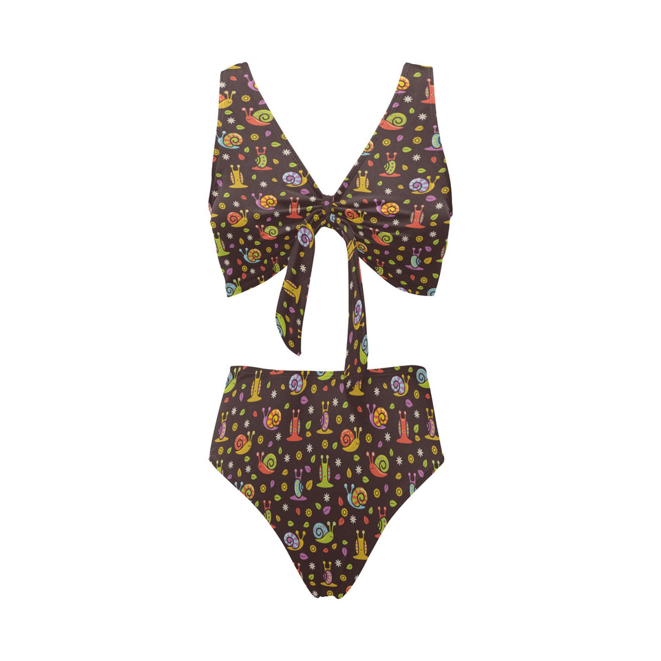Snail Pattern Print Design 02 Chest Bowknot High Waisted Bikini Swimsuit