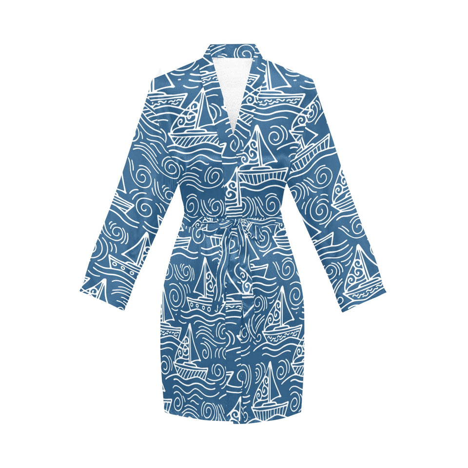 Hand drawn sailboat pattern Women's Long Sleeve Belted Night Robe
