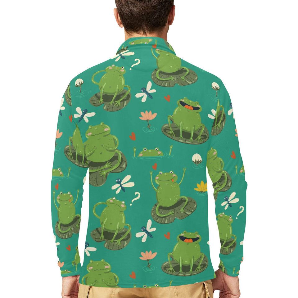 Cute frog dragonfly design pattern Men's Long Sleeve Polo Shirt