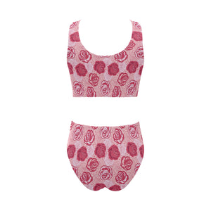 Rose Pattern Print Design 02 Chest Bowknot High Waisted Bikini Swimsuit