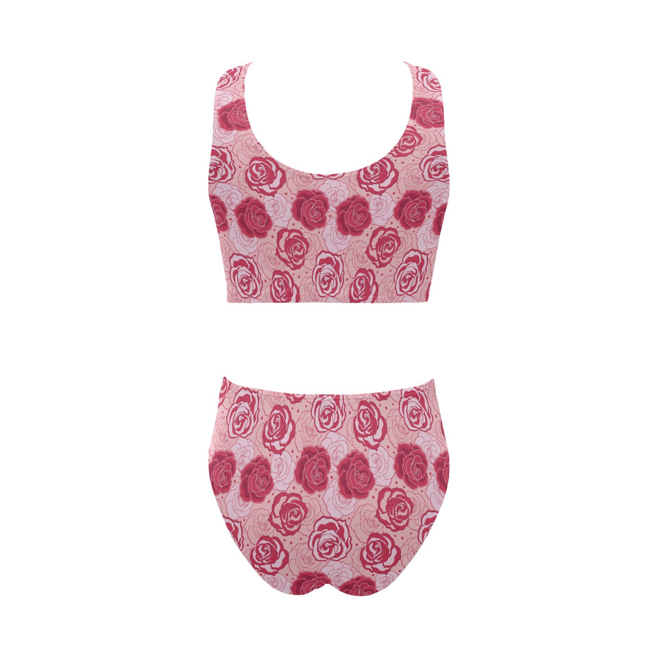 Rose Pattern Print Design 02 Chest Bowknot High Waisted Bikini Swimsuit