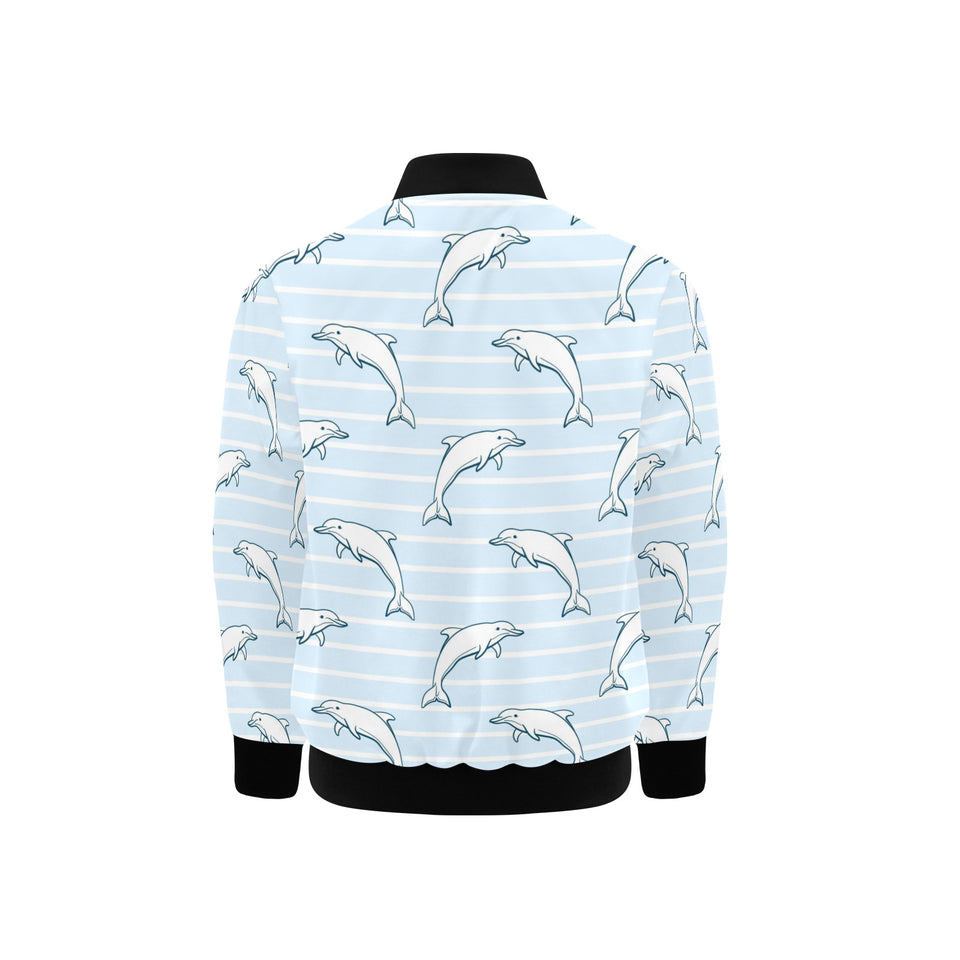 Dolphin blue striped background Kids' Boys' Girls' Bomber Jacket